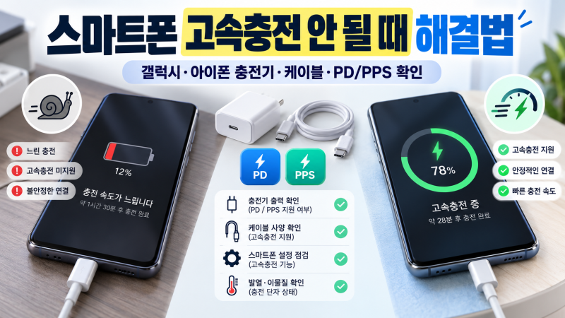 스마트폰 고속충전 안 될 때 해결법｜갤럭시·아이폰 충전기·케이블·PD/PPS 확인
