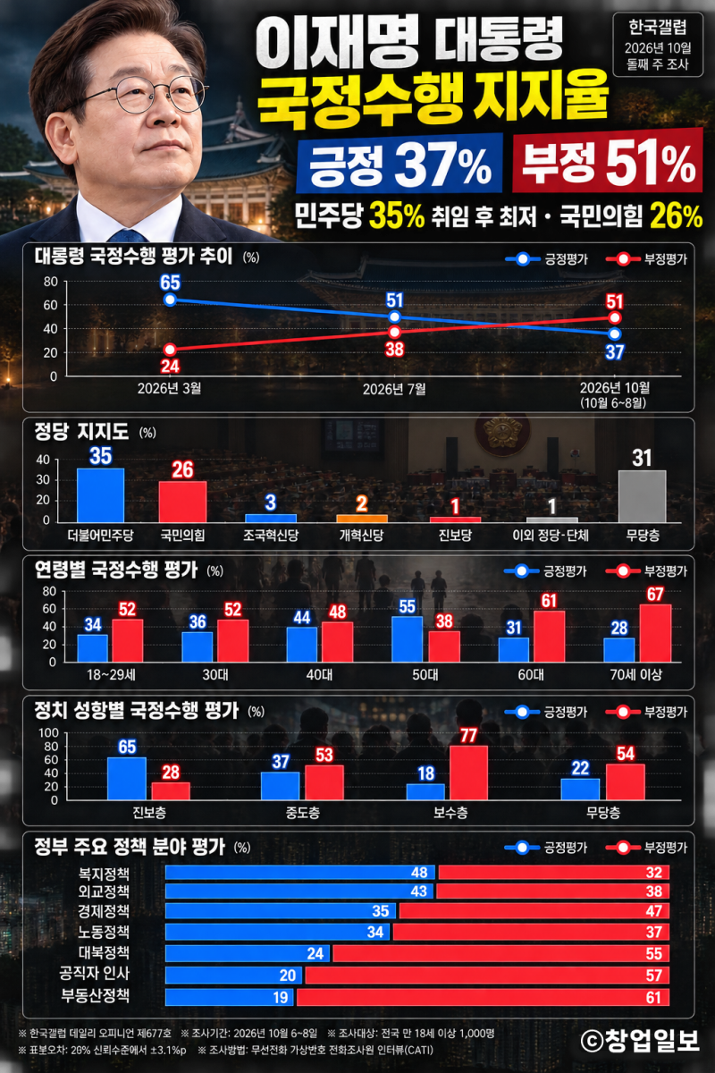 이재명 대통령 지지율 37%·부정평가 51%…민주당 35% 취임 후 최저, 국민의힘 26%