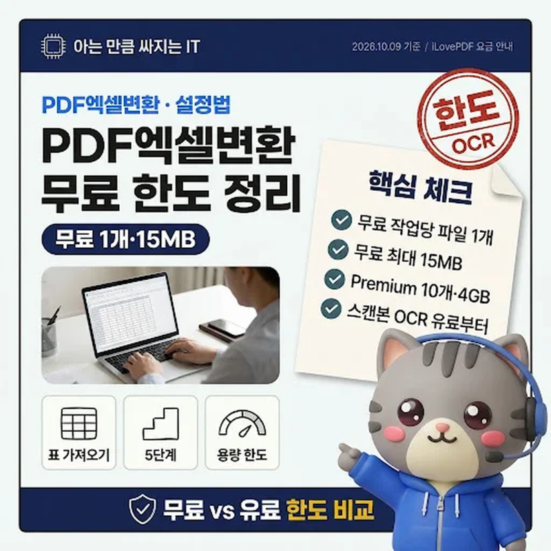 PDF엑셀변환 무료는 파일 1개·15MB, 스캔본 OCR은 유료부터