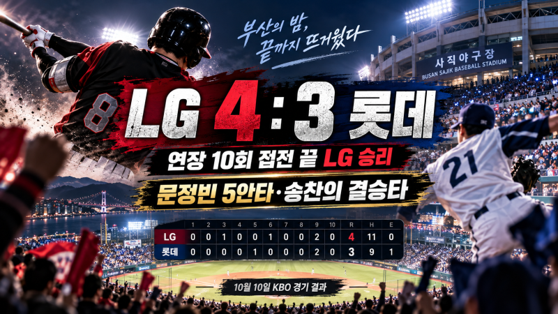 10월 10일 KBO 경기 결과｜KIA 3위 매직넘버 1·LG 연장승·김도영 44호 홈런