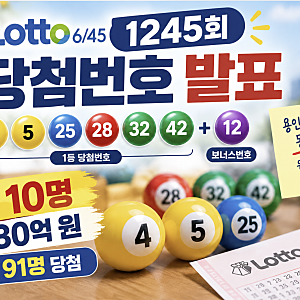 [로또 1245회] 로또 1245회 당첨번호 - 1등 10명·각 30억 원, 2등 91명