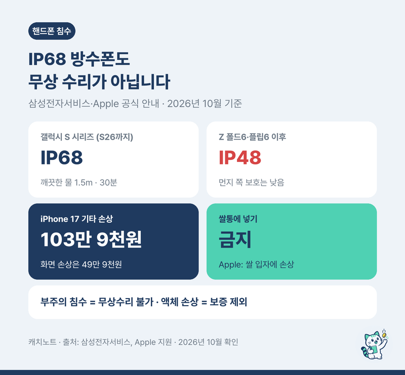 핸드폰 침수, IP68 방수폰도 무상 수리가 아닙니다｜쌀통 대신 할 일과 아이폰 기타 손상 103만....