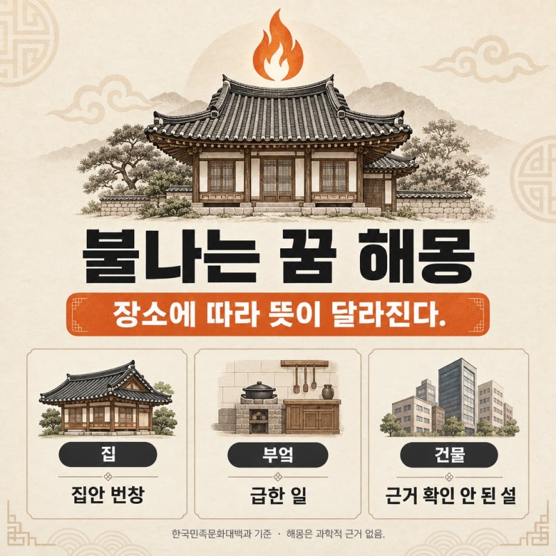 불나는 꿈 해몽, 집·부엌·건물 장소별로 다른 의미