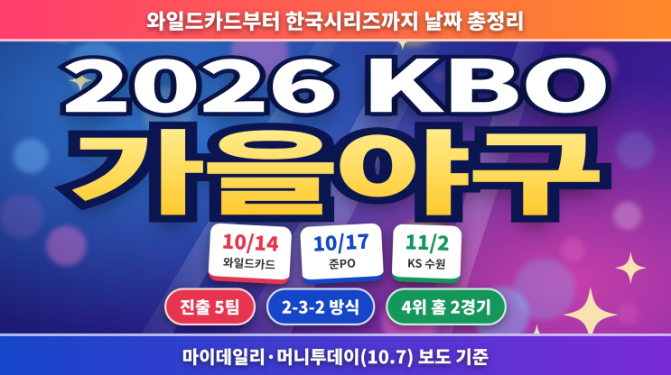 2026 KBO 가을야구 일정 와일드카드 10월 14일 개막, <b>준PO</b> 17일·<b>PO</b> 25일·....