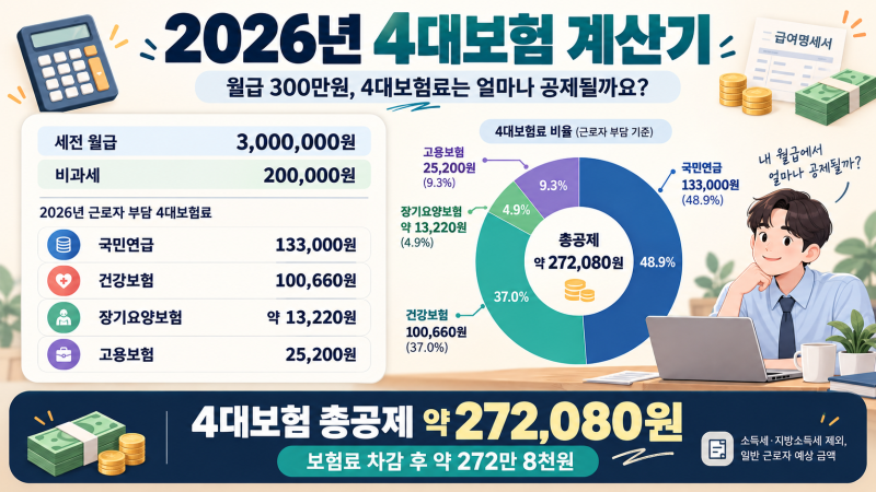 2026년 4대보험 계산 방법, 월급 300만원이면 얼마나 공제될까요?