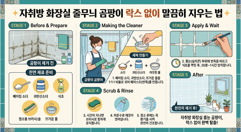 **자취방 화장실 줄무늬 곰팡이 락스 없이 말끔히 지우는 법**