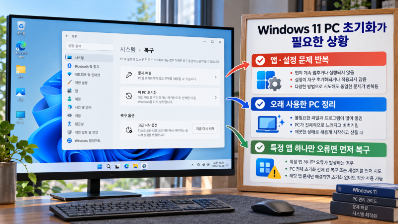 윈도우11 초기화 방법｜내 파일 유지·모든 항목 제거 차이