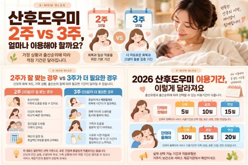 산후도우미 2주 vs 3주, 얼마나 이용해야 할까요? 2026 이용기간 정리