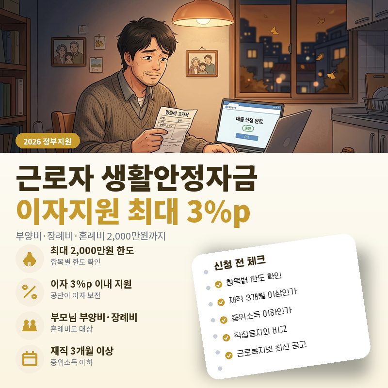 근로자 생활안정자금 이자지원 최대 3%p, 부양비·장례비·혼례비 2,000만원까지 빌리는 법