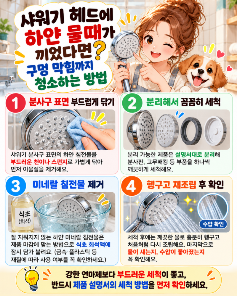 샤워기 헤드에 하얀 물때가 끼었다면? 구멍 막힘까지 청소하는 방법
