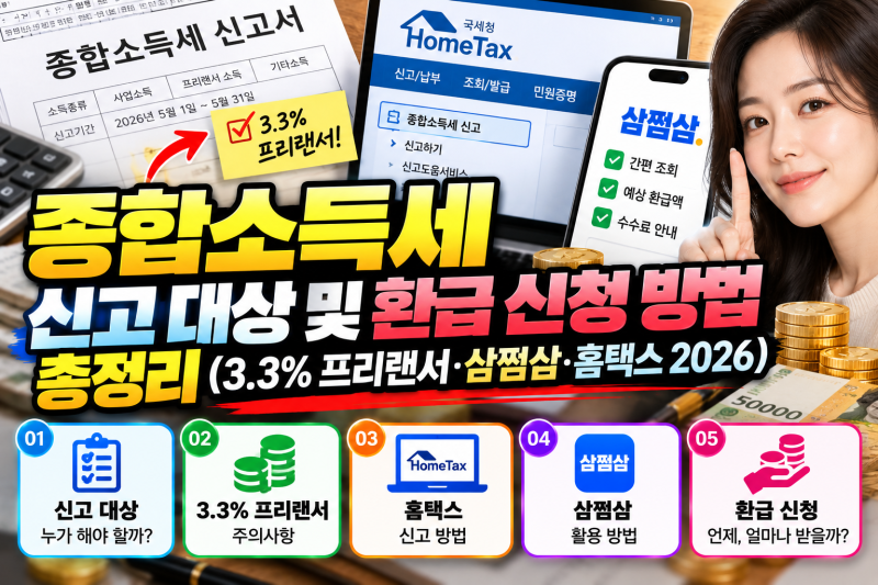 종합소득세 신고 대상 및 환급 신청 방법 총정리 (3.3% 프리랜서·삼쩜삼·홈택스 2026)