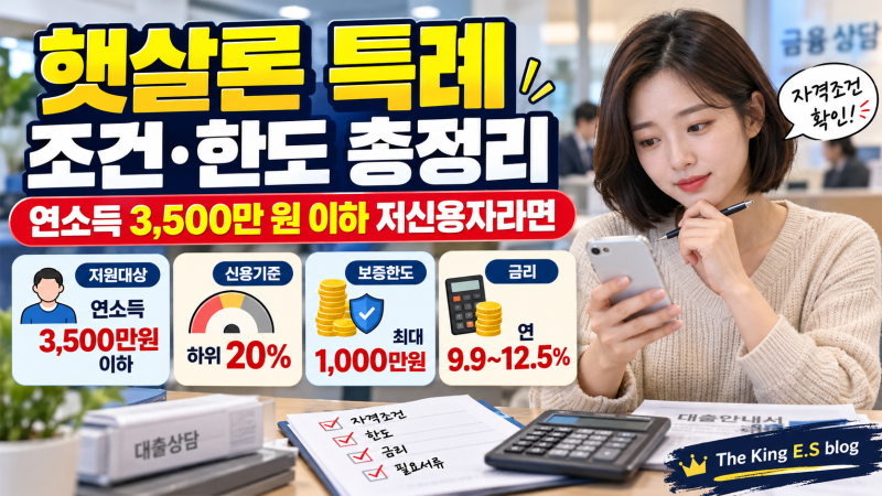 햇살론 특례 조건·한도 총정리, 연소득 3,500만 원 이하 저신용자라면 [The King E.S blog]