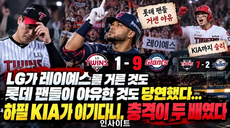 LG, 사직서 레이예스 고의4구 거르고도 1-9 완패… 3위 싸움 비상 ! "사....
