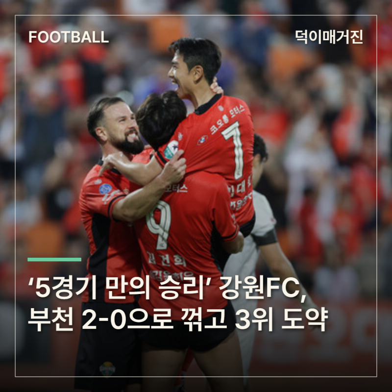 ‘5경기 만의 승리’ 강원FC, 부천 2-0으로 꺾고 3위 도약