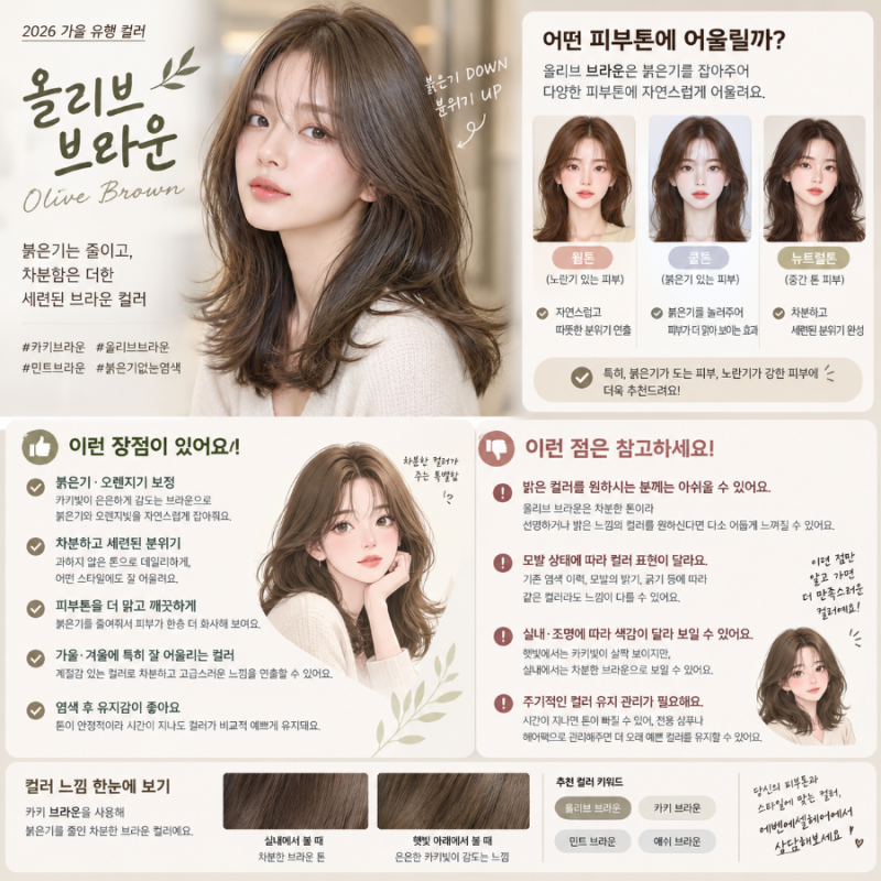 2026 가을 헤어컬러 , 붉은기 줄인 올리브 브라운 [ 탈색없이 붉은기 잡는 염색 ]