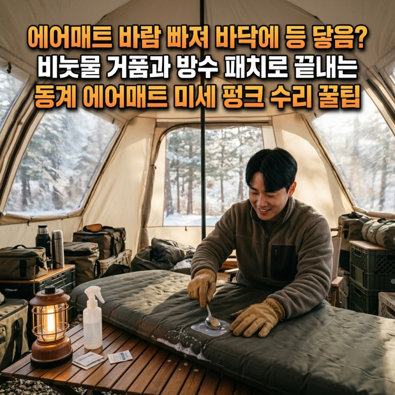 영하 날씨에 에어매트 바람 빠져 바닥에 등 닿았다고? 비눗물 거품과 방수 테이프로 끝내는 ....