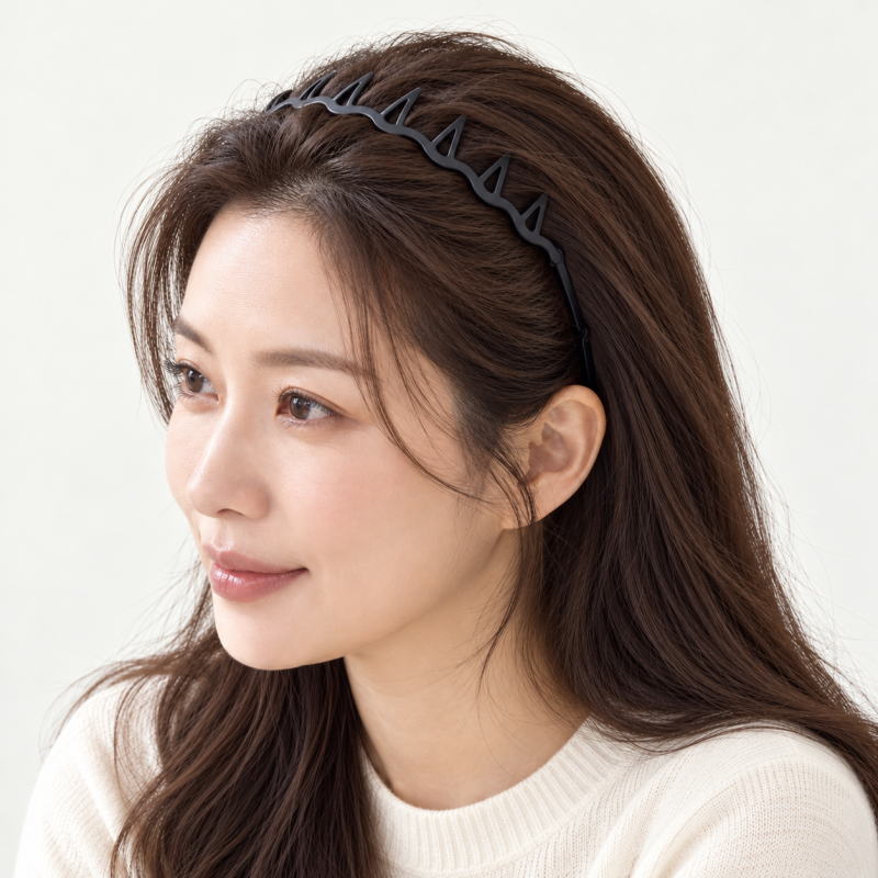 가을 니트에 블랙 빗살 머리띠 코디