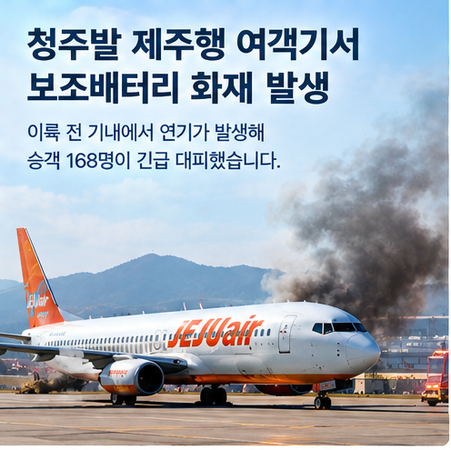 청주발 <b>제주행</b> 여객기서 보조배터리 <b>화재</b>…승객 168명 대피, 기내 안....