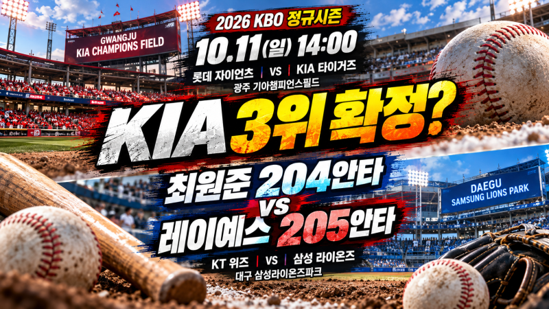 KIA 3위 확정할까? 최원준 204안타 vs 레이예스 205안타, 최다 안타왕은 누구?｜2026 KBO 10월 11일 ....