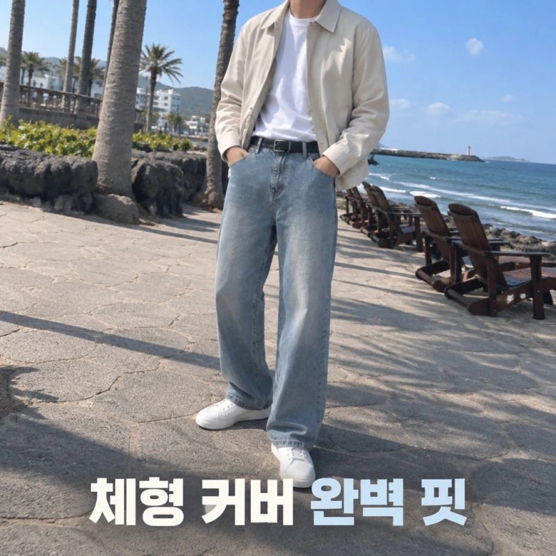 피팅남 남자 틀랜 3단기장 세미와이드 뒷밴딩 데님 팬츠 추천
