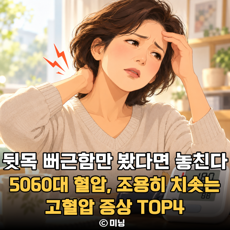 “뒷목 뻐근함만 찾았다면 놓친다” 치솟는 혈압 소리없이 죽어가는 5060대 고혈압증상 TOP4