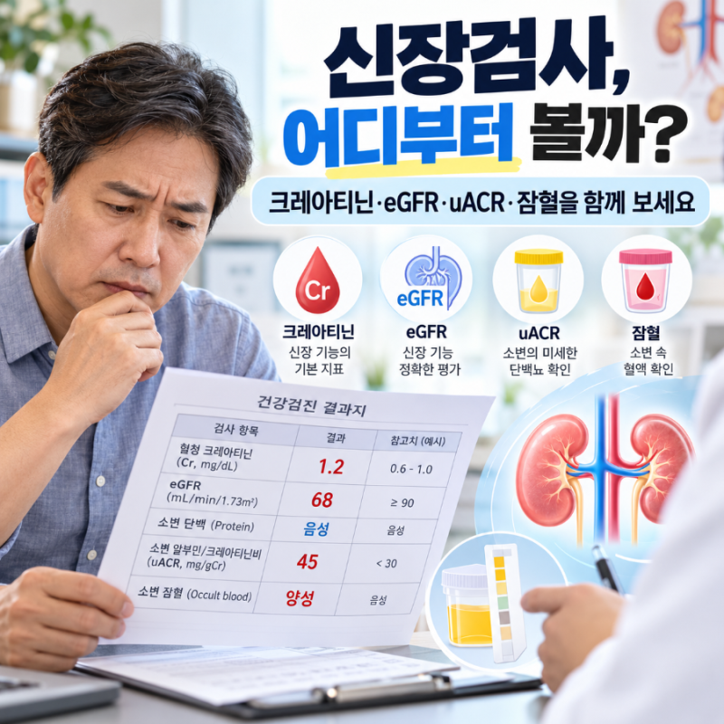 건강검진 신장·소변검사 결과 읽는 법, 크레아티닌·eGFR·uACR·잠혈 순서