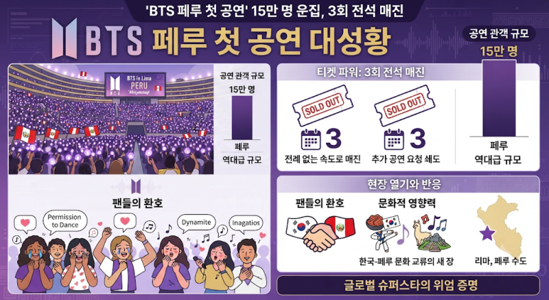 "지구 반 바퀴를 돌아서도 터진 '보라색 물결'… BTS, 페루 첫 공연에 15만 명 운집·3회 전석 매....