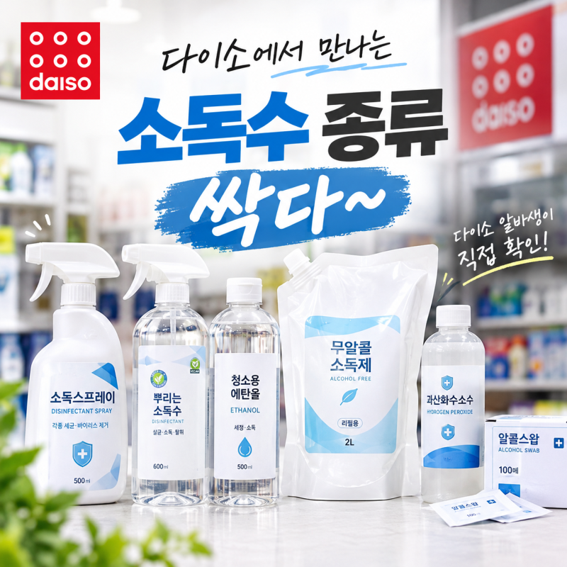[다이소알바] 소독수 종류 싹다~~ (+ 소독용 무알콜 에탄올 소독제, 알콜스왑, 과산화수소)