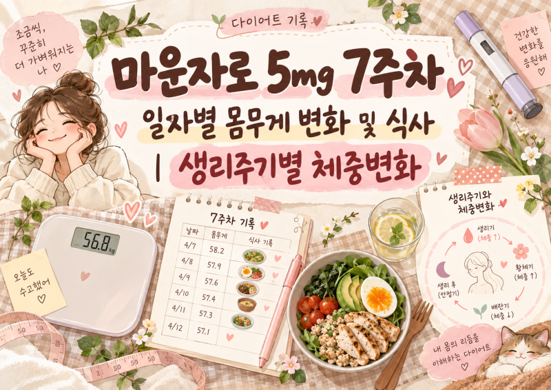 마운자로 5mg 7주차 일자별 몸무게 변화 및 식사 ㅣ 생리주기별 체중변화