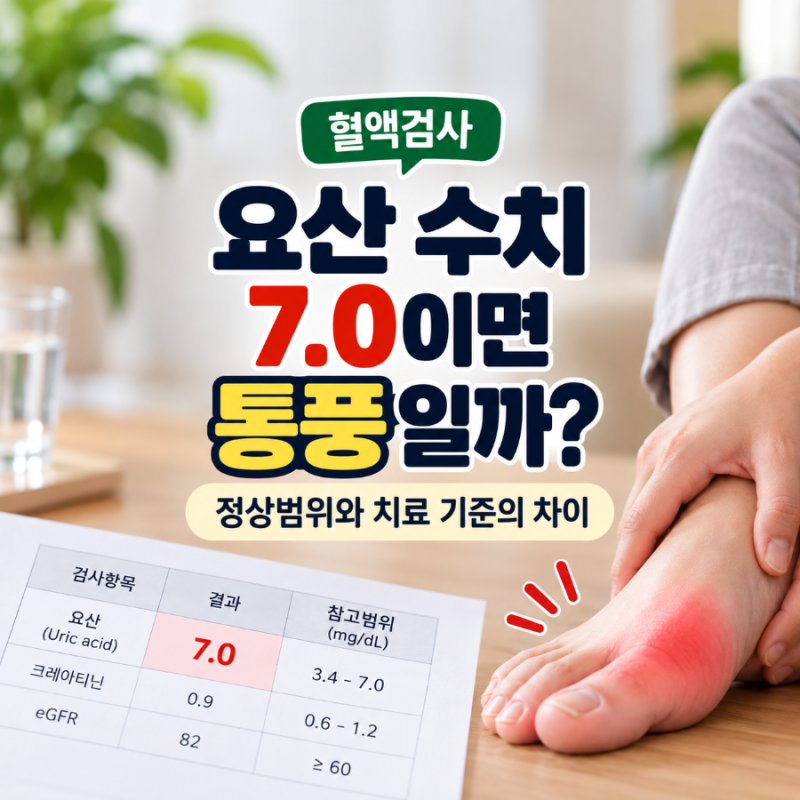 혈액검사 요산 수치 7.0이면 통풍일까? 정상범위와 치료 기준의 차이