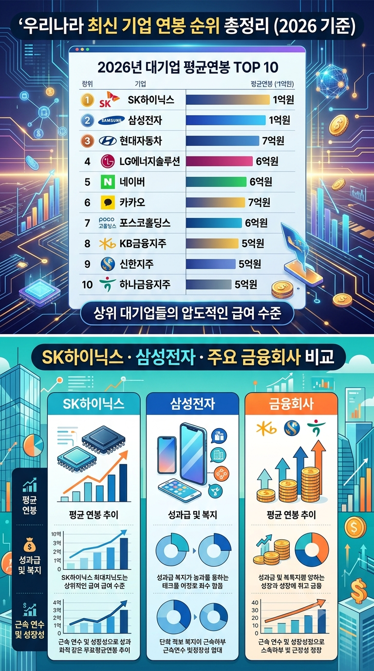 우리나라 최신 기업 연봉 순위 총정리｜2026년 대기업 평균연봉 TOP 10, SK하이닉스·삼성전자·....