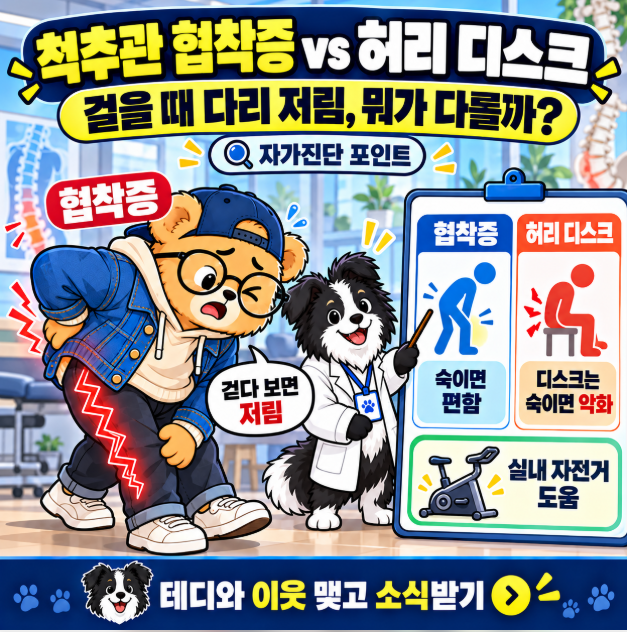 척추관 협착증 vs 허리 디스크 차이: 걸을 때 다리 저림 원인과 신경인성 파행 자가진단