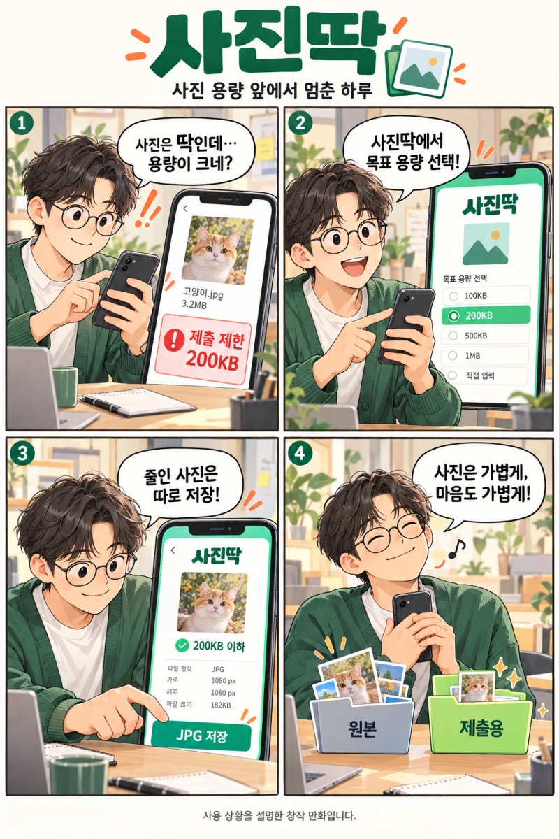 사진 용량 줄이기 200KB·300KB, 사진딱 웹 사용·휴대폰 설치 방법