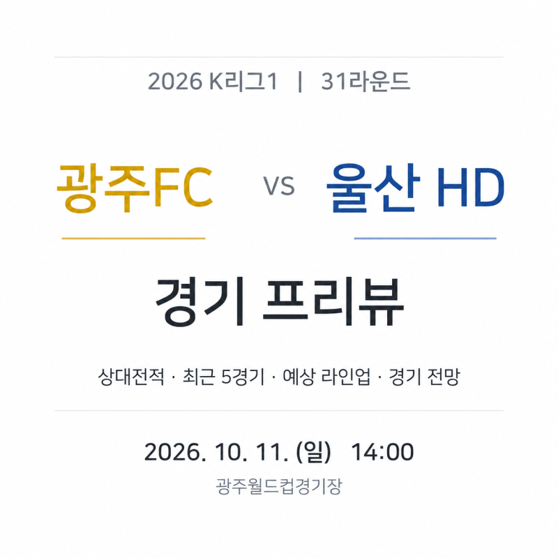 2026 K리그1 31R 광주FC vs 울산 HD 프리뷰｜상대전적·예상 라인업·경기 전망