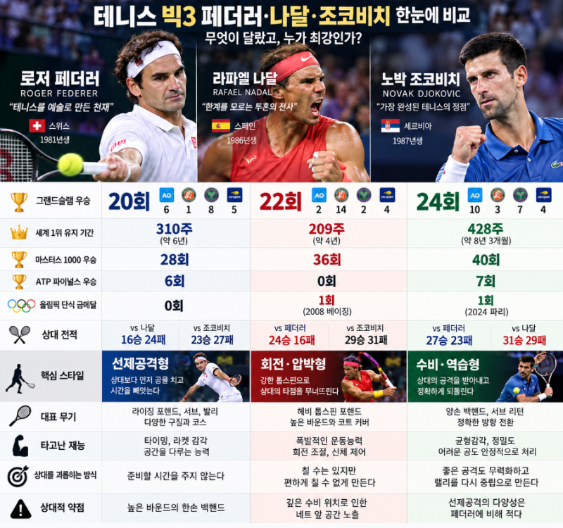 테니스 빅3 페더러·나달·조코비치, 무엇이 달랐고 누가 최강자인가?