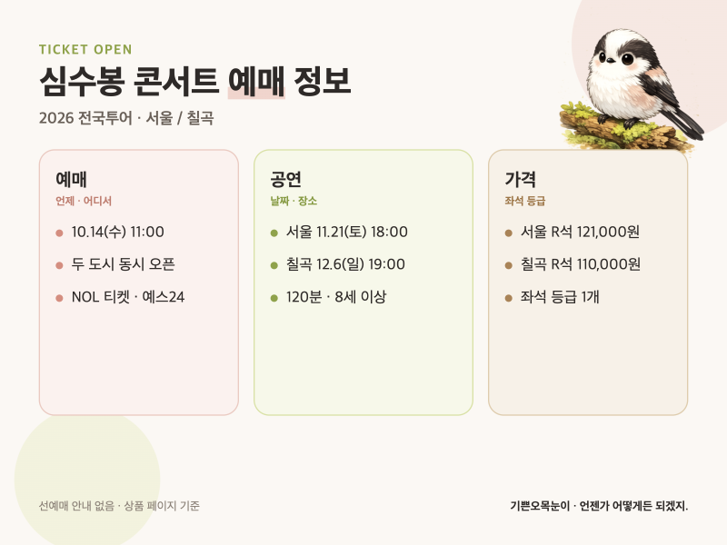 심수봉 콘서트 예매 정보 - 2026 전국투어 서울 칠곡 (11월 21일·12월 6일, CCC스테이지·인당아트....