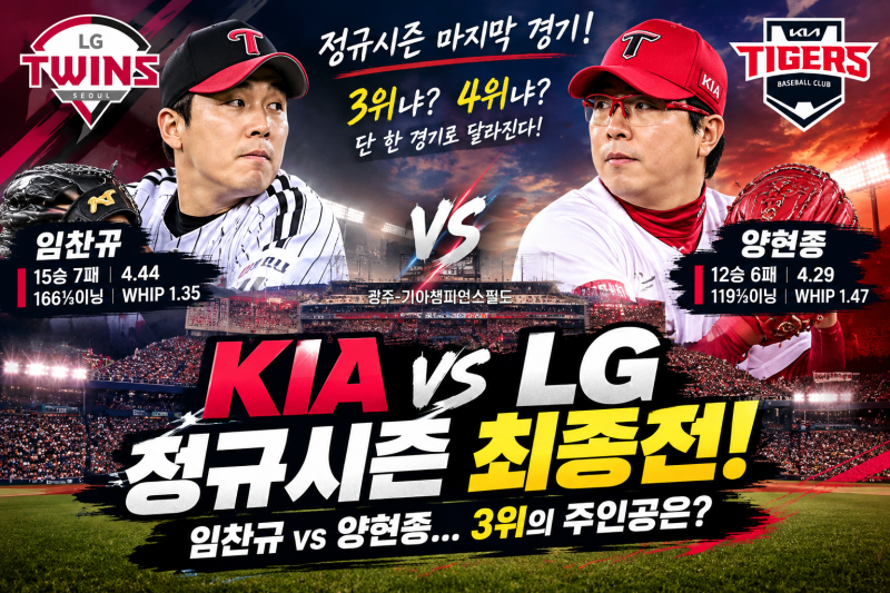 KIA vs LG, 정규시즌 최종전! 임찬규 vs 양현종…3위의 주인공은?(반게임차, 3,4위 맞대결) 결과 ....