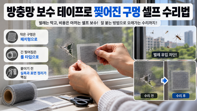 다이소 보수 테이프로 찢어진 방충망 구멍 셀프 수리법