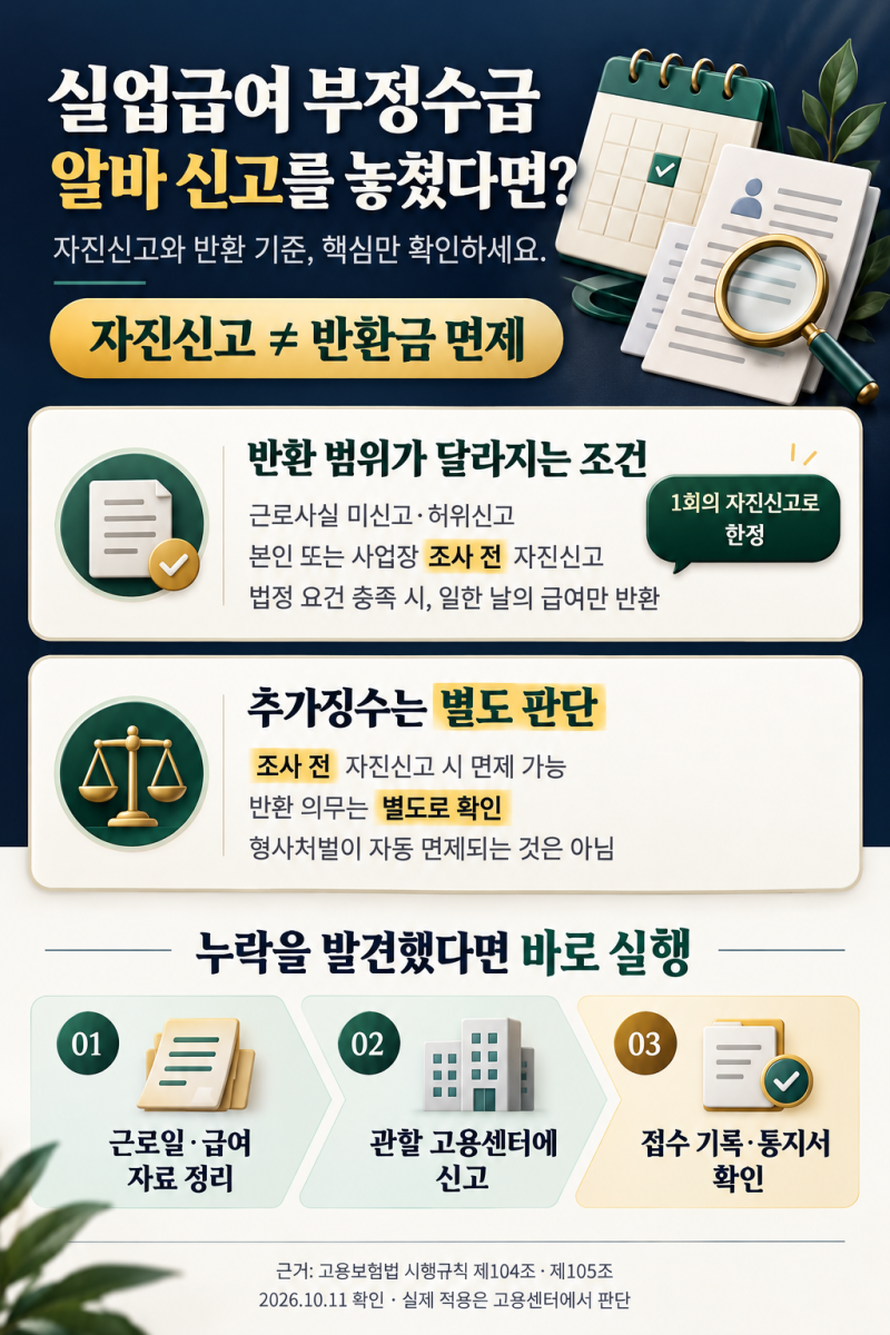 실업급여 부정수급, 알바 신고를 놓쳤다면? 자진신고와 반환 기준