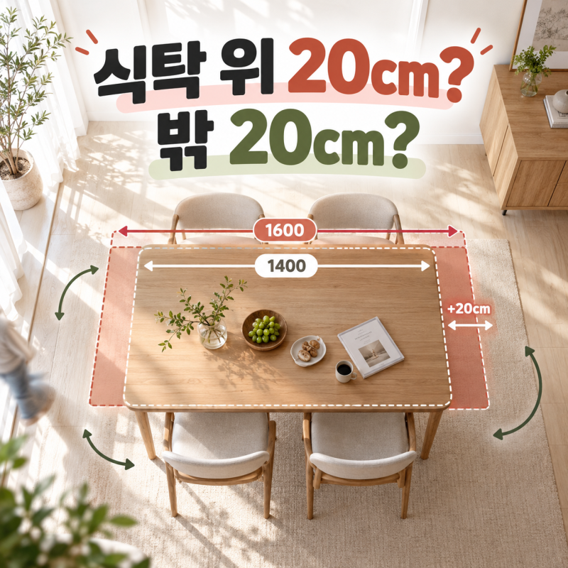 4인용 식탁 사이즈 1400 vs 1600, 20cm는 어디에 남겨야 할까?