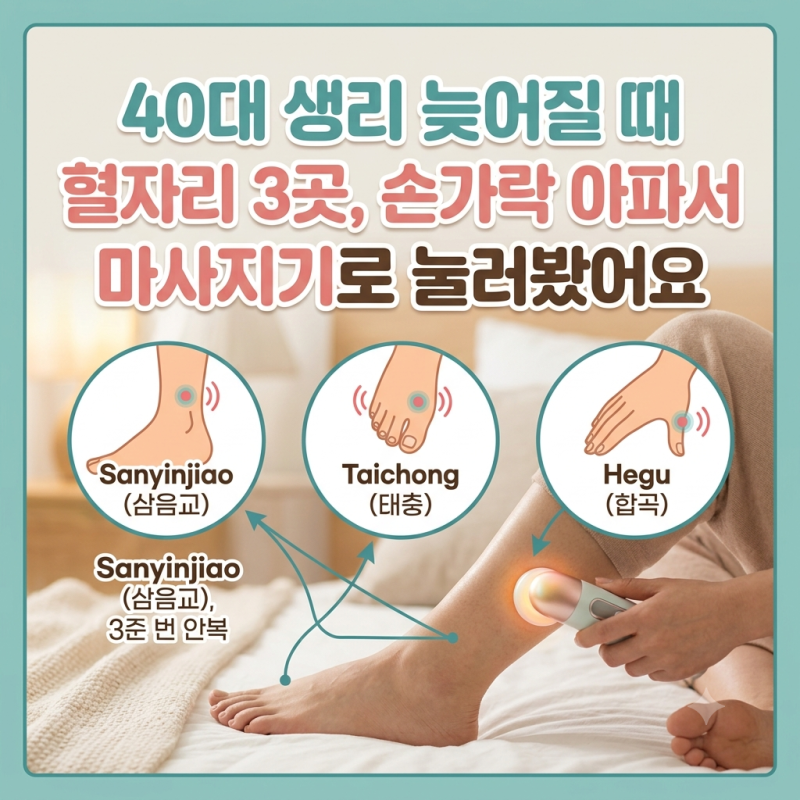 40대 생리 늦어질 때 혈자리 3곳, 손가락 아파서 마사지기로 눌러봤어요