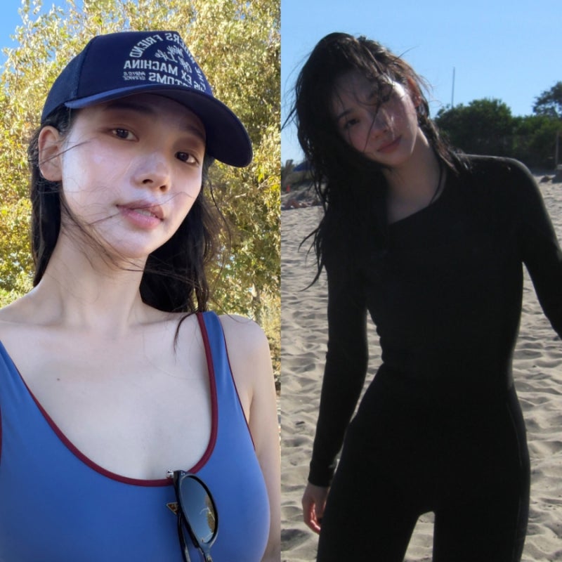 "안에 입은 수영복이 더 예쁘네" 카리나의 반전 말리브 서핑룩
