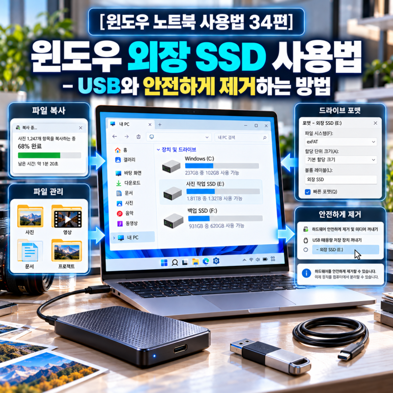 [윈도우 노트북 사용법 34편] 윈도우 외장 SSD 사용법 - USB와 안전하게 제거하는 방법