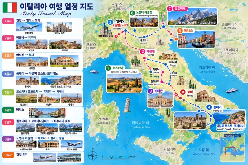 이탈리아 일주 패키지 9일｜로마·피렌체·베니스부터 돌로미테까지