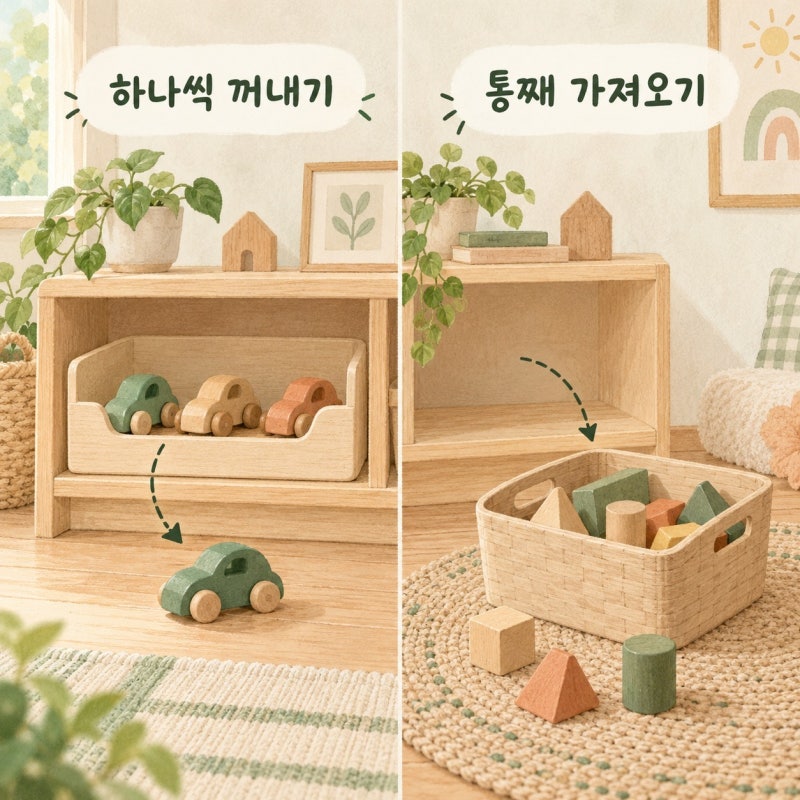 장난감정리함은 장난감 수납장에서 통째 꺼내야 할까요?