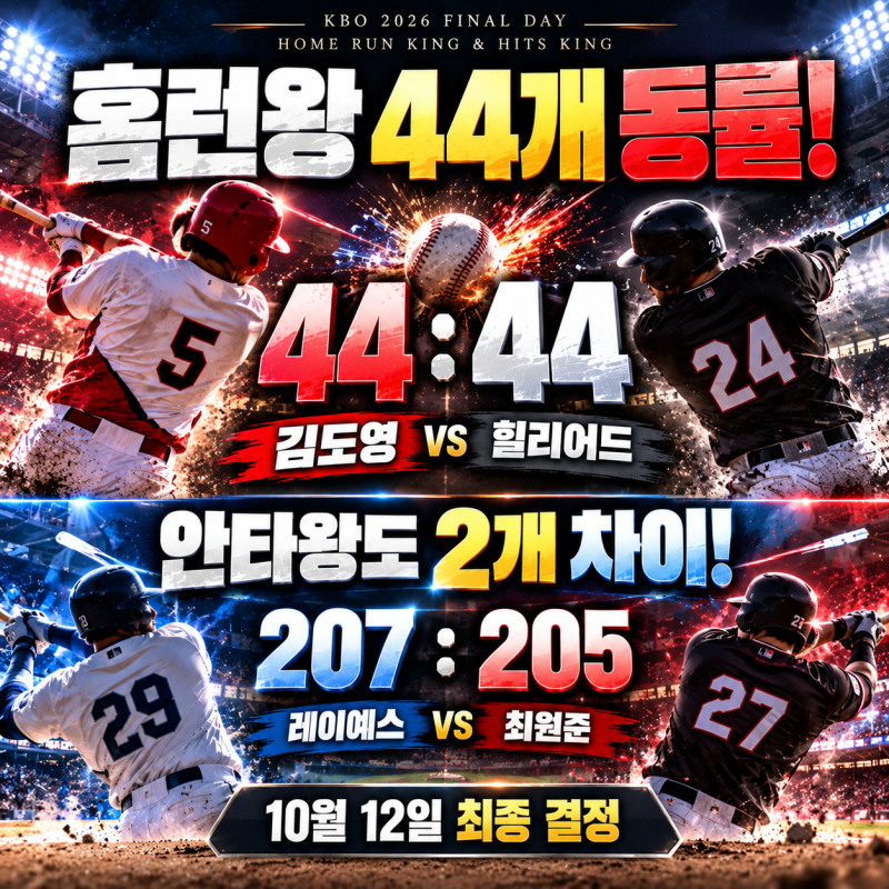 KBO 홈런왕 44개 동률 대반전! 김도영 vs 힐리어드, 마지막 경기서 왕좌 결정…안타왕도 2개 차....