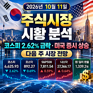 2026년 10월 11일 주식시장 시황 분석｜코스피 2.62% 급락·미국 증시 상승, 다음 주 시장 전망