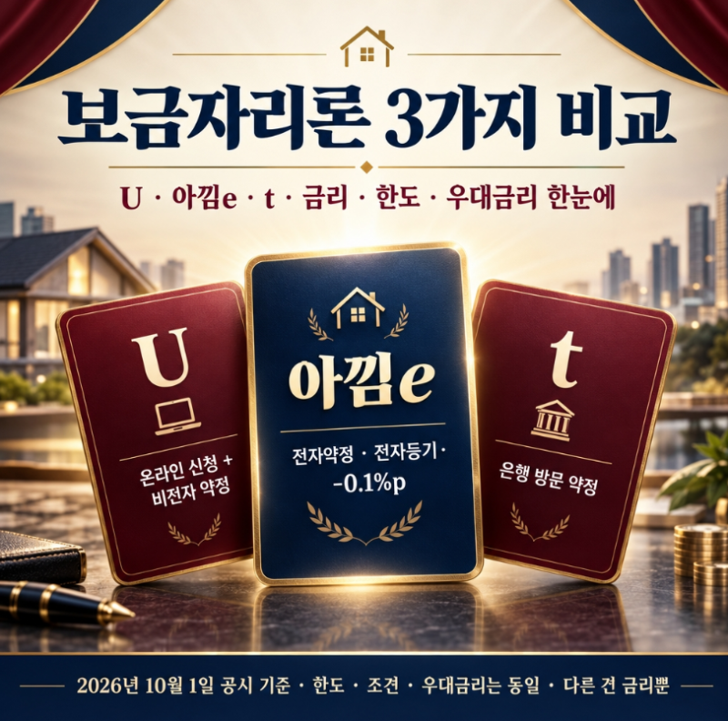 보금자리론 금리 비교 총정리 | 아낌e vs U vs t 한도·우대금리 차이 (2026년 10월 기준)