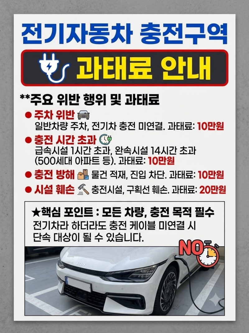 전기차 안 꼽고 세워뒀다가 10만원? 전기차 충전구역 주차 위반 과태료 및 기준 총정리