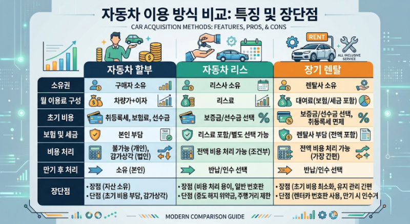 자동차 할부·리스·렌탈 차이점 총정리! 장단점 비교하고 나에게 맞는 방법 찾기